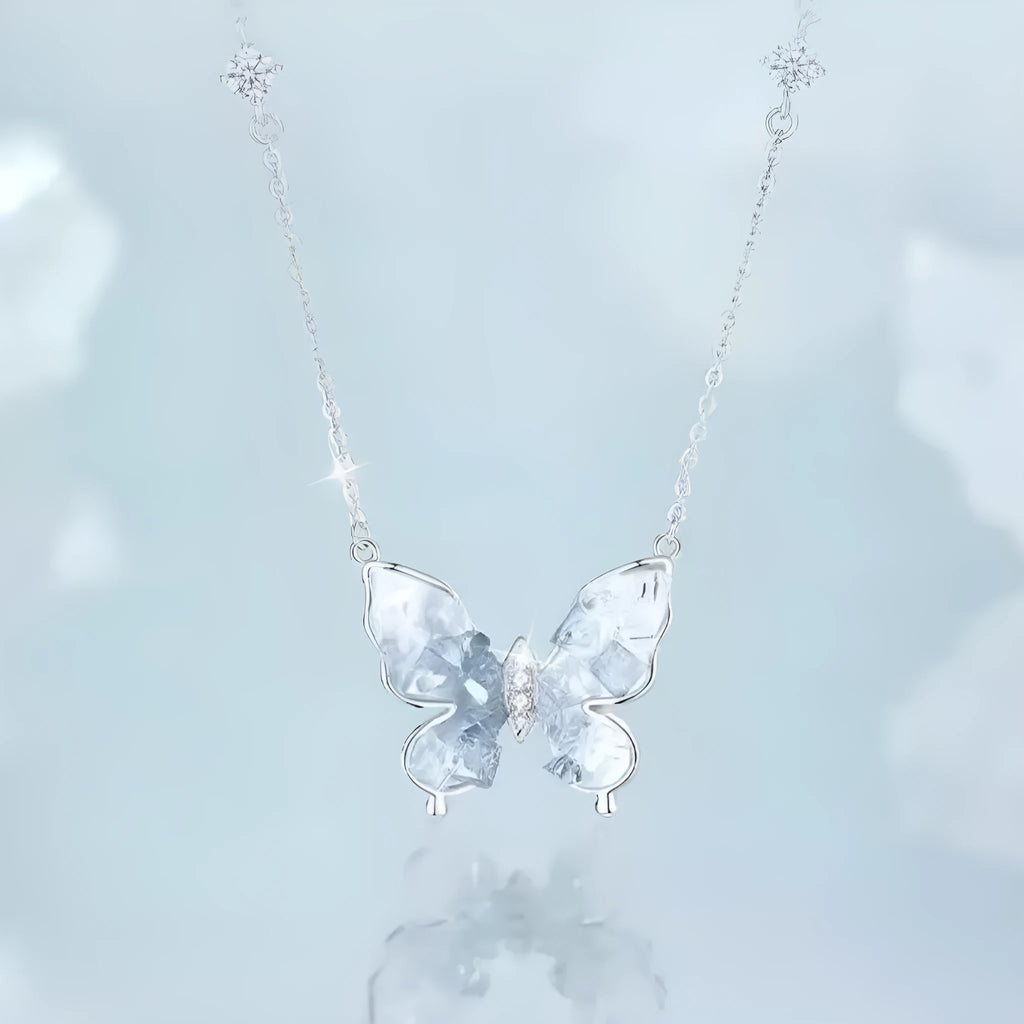 Silver Bingyu butterfly necklace with ice rain design on O-ring chain