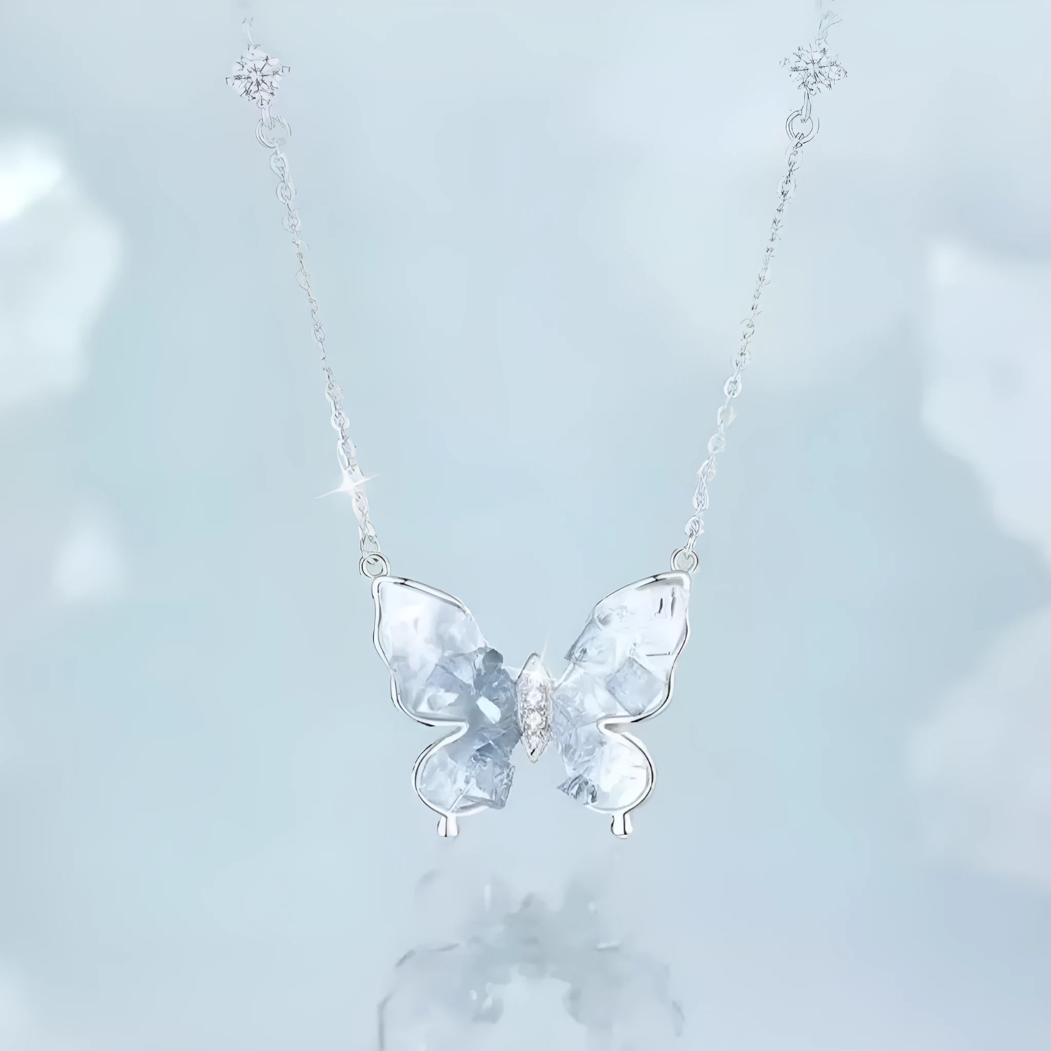 Silver Bingyu butterfly necklace with ice rain design on O-ring chain