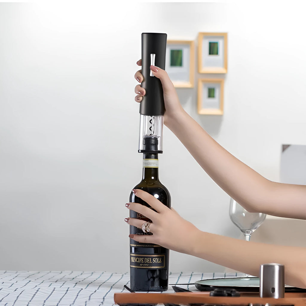 Automatic electric wine opener set with foil cutter stopper and pourer in black finish