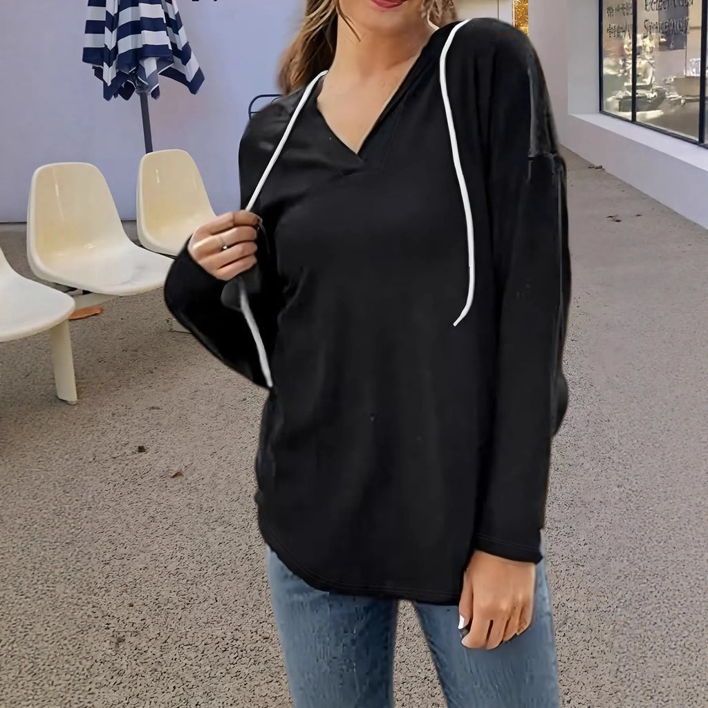Women's black V-neck hooded sweatshirt with medium thickness polyester fabric and loose fit