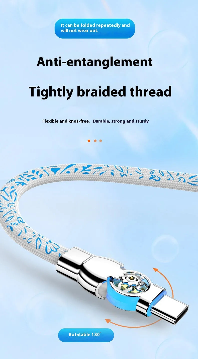 Blue and white porcelain printed woven fast charge data cable with double bend rotating design in 1m length