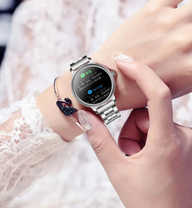 AK38 ladies smart watch with stainless steel Milanese band and 1.09-inch colour touchscreen