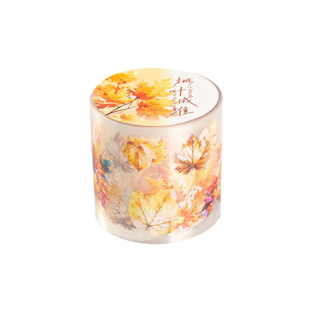 Six rolls of PET decorative stickers showing autumn leaf designs including ginkgo and maple patterns