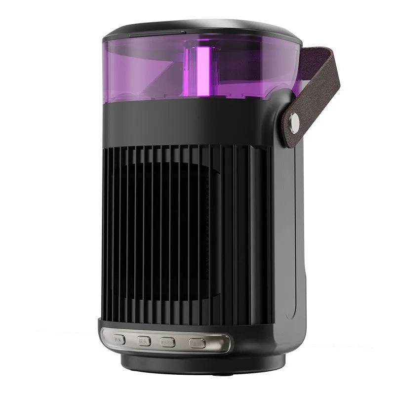 Black portable personal heater with humidifier showing front control panel and compact design