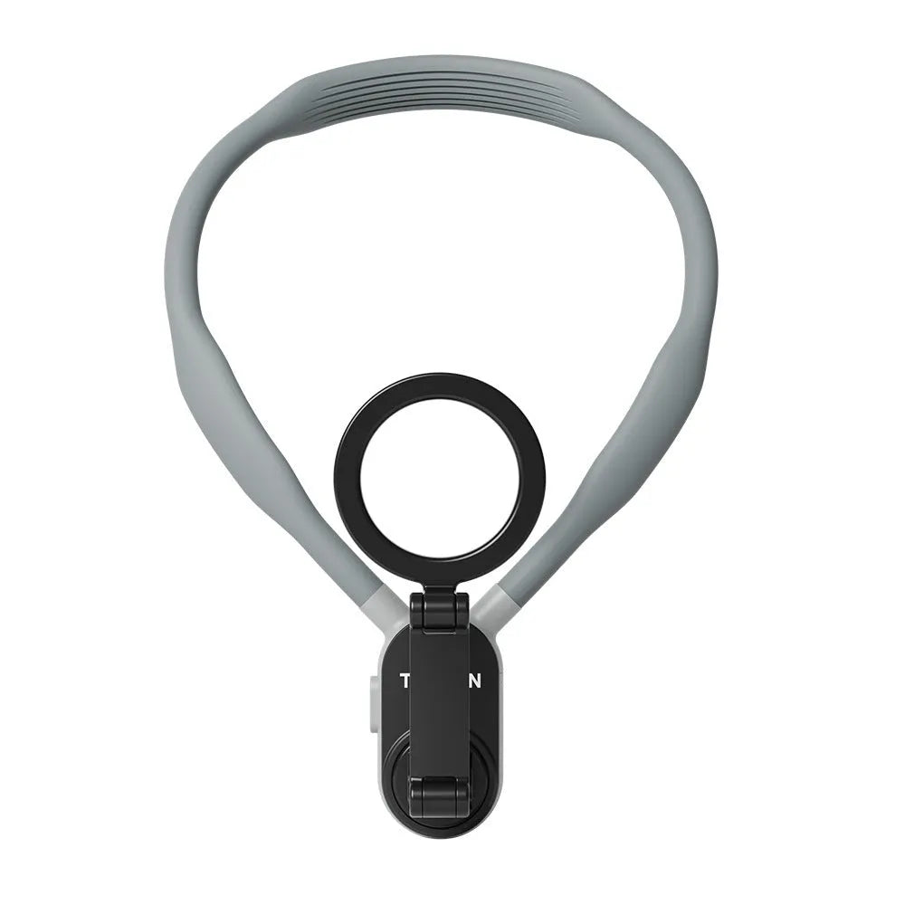 Silicone phone magnetic neck mount with 16 neodymium magnets in gray and sapphire blue, showing magnetic pad and anti-drop rope