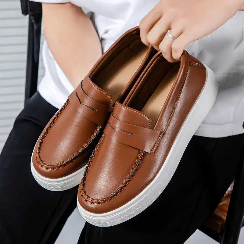 Men's round toe casual shoes in white, black and white, and khaki colours with a PU upper.