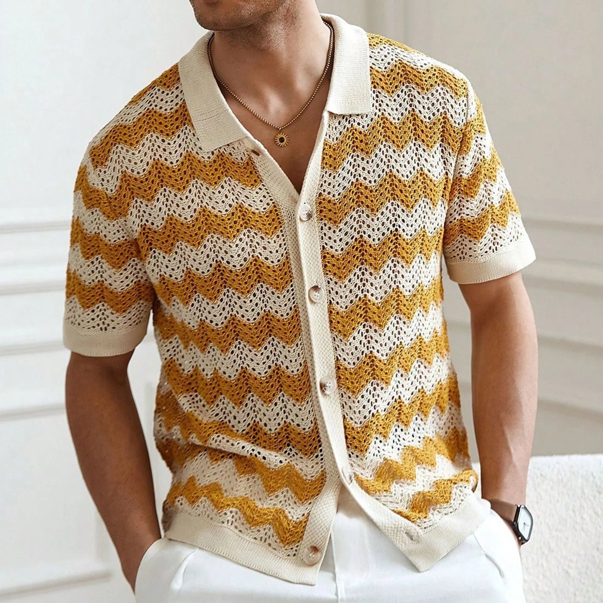 Short sleeve hollow jacquard corrugated sweater in Tencel viscose fabric showing textured surface and flocked detailing