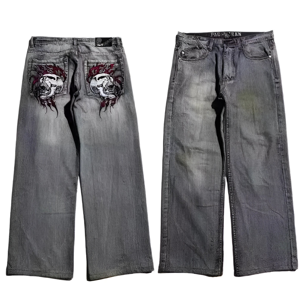 Men's grey wide-leg straight-cut jeans with a washed-out retro workwear design.