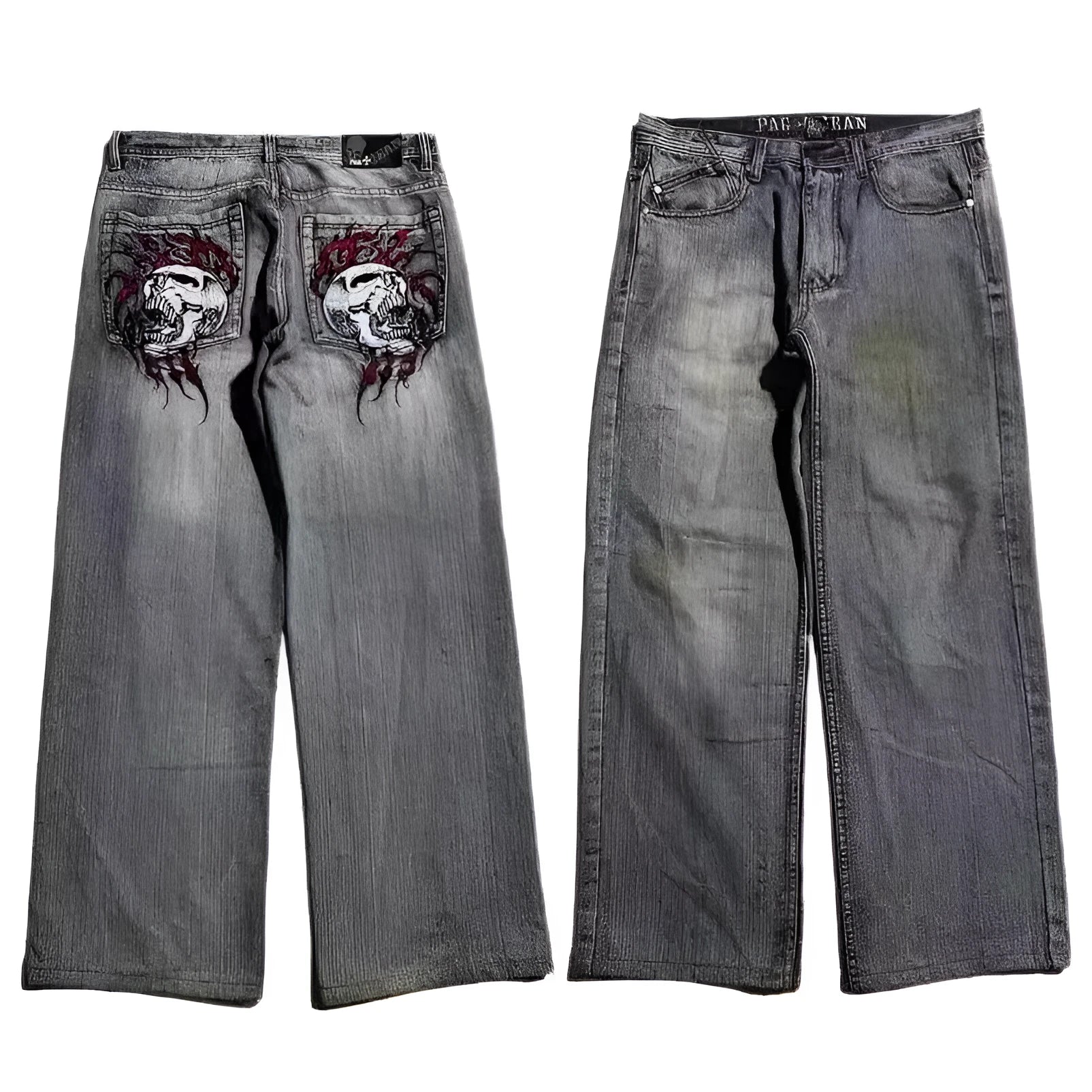 Men's grey wide-leg straight-cut jeans with a washed-out retro workwear design.