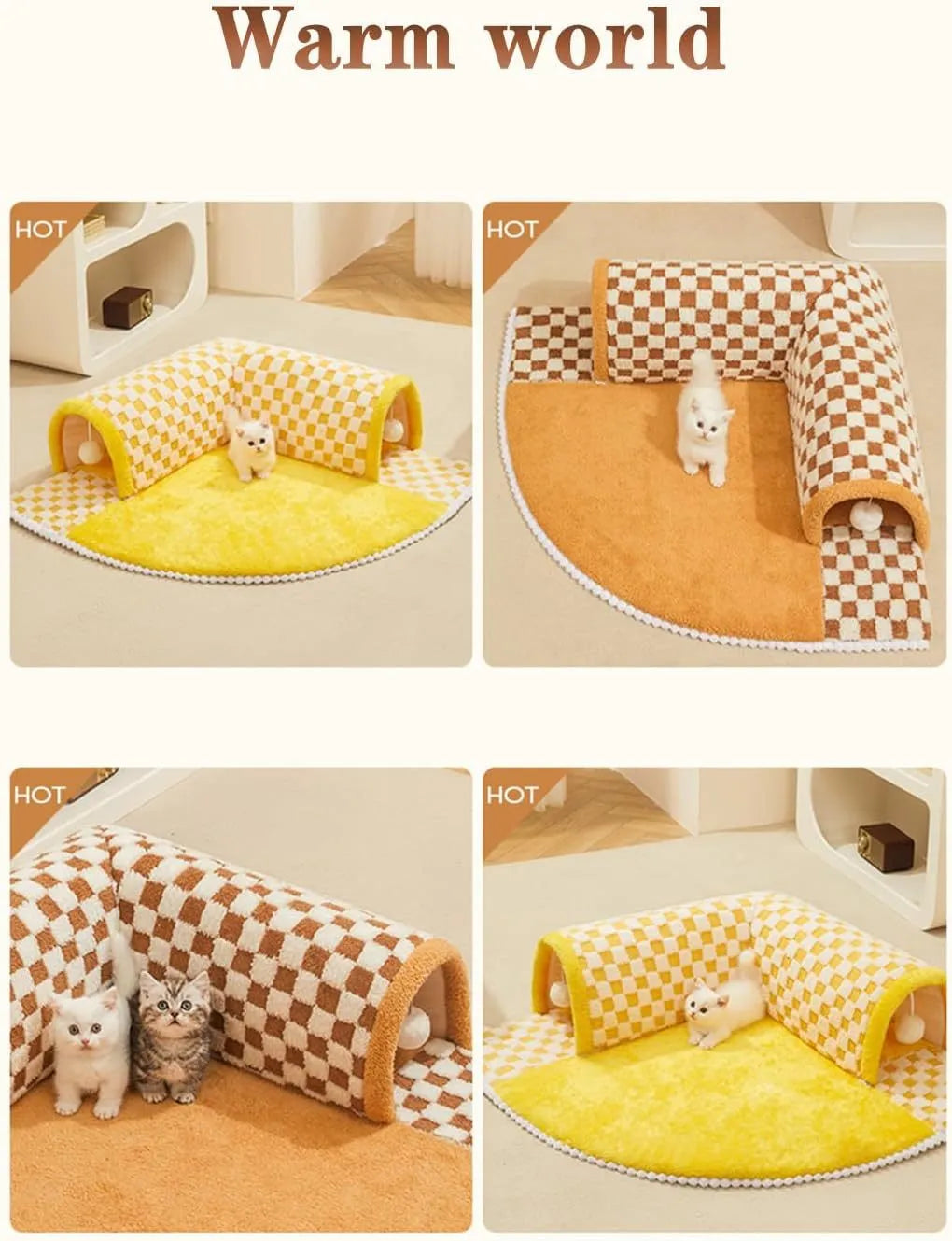 Brown plaid plush cat tunnel bed with a zippered entrance and central mat on a wooden floor.