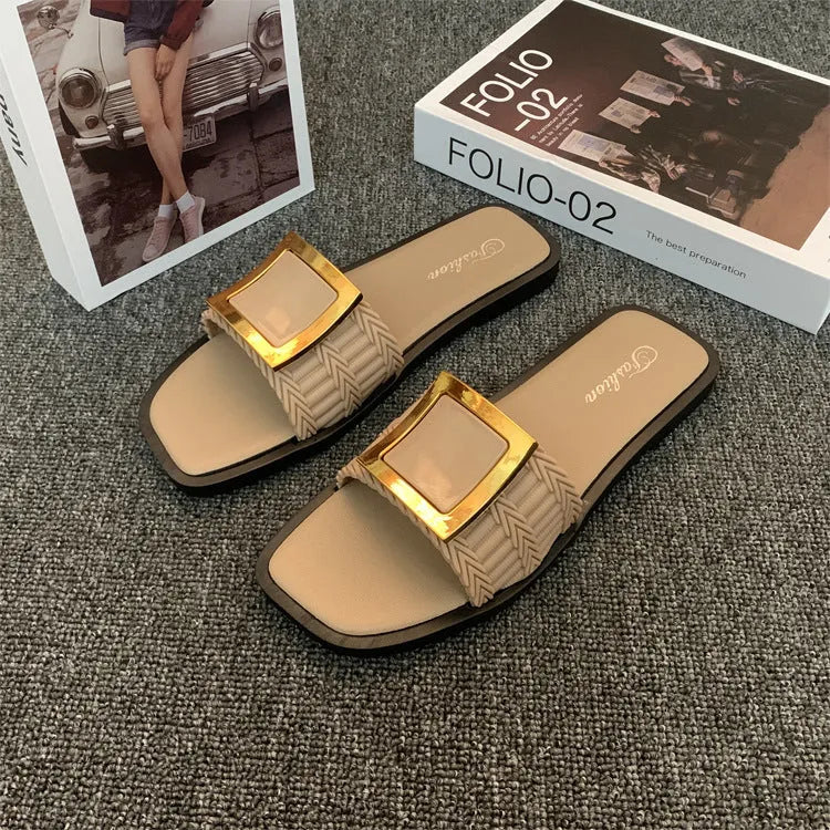Women's casual summer flat slippers in apricot, black, or khaki with a non-slip PVC sole.