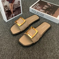 Women's casual summer flat slippers in apricot, black, or khaki with a non-slip PVC sole.