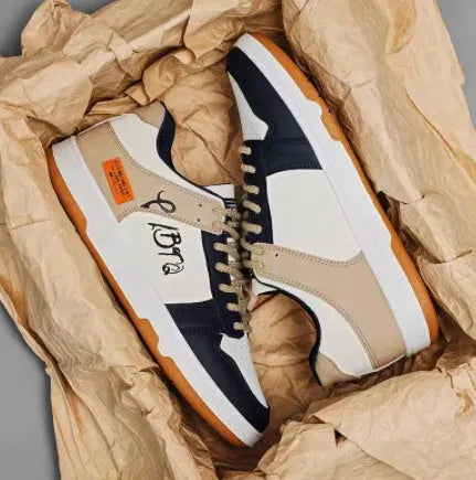 Wear-resistant lace-up sneakers in simple style available in rainbow white blue, white blue, and white rice colours