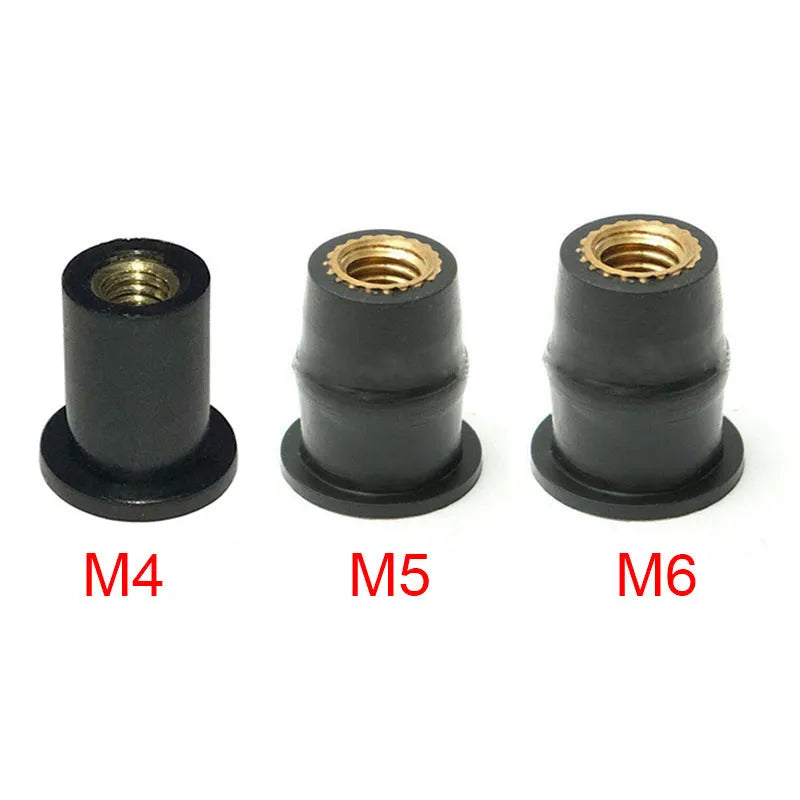 Black plastic motorcycle windshield rubber brass well nuts in M4 M5 M6 sizes pack of 10 pieces