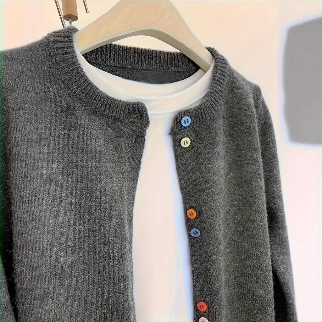Dark grey women's polyester cardigan sweater with button front and regular fit