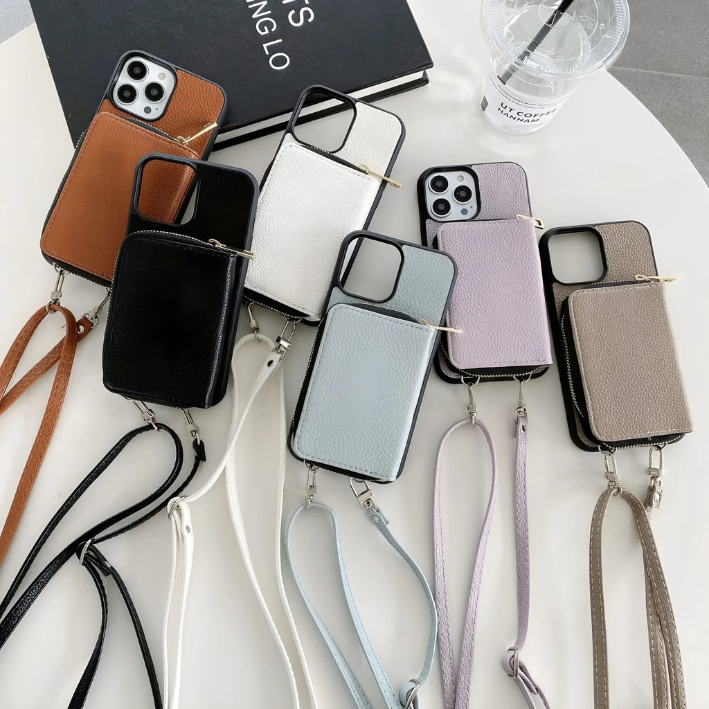 Litchi patterned phone case for iPhone in multiple colours showing PC and leather construction.