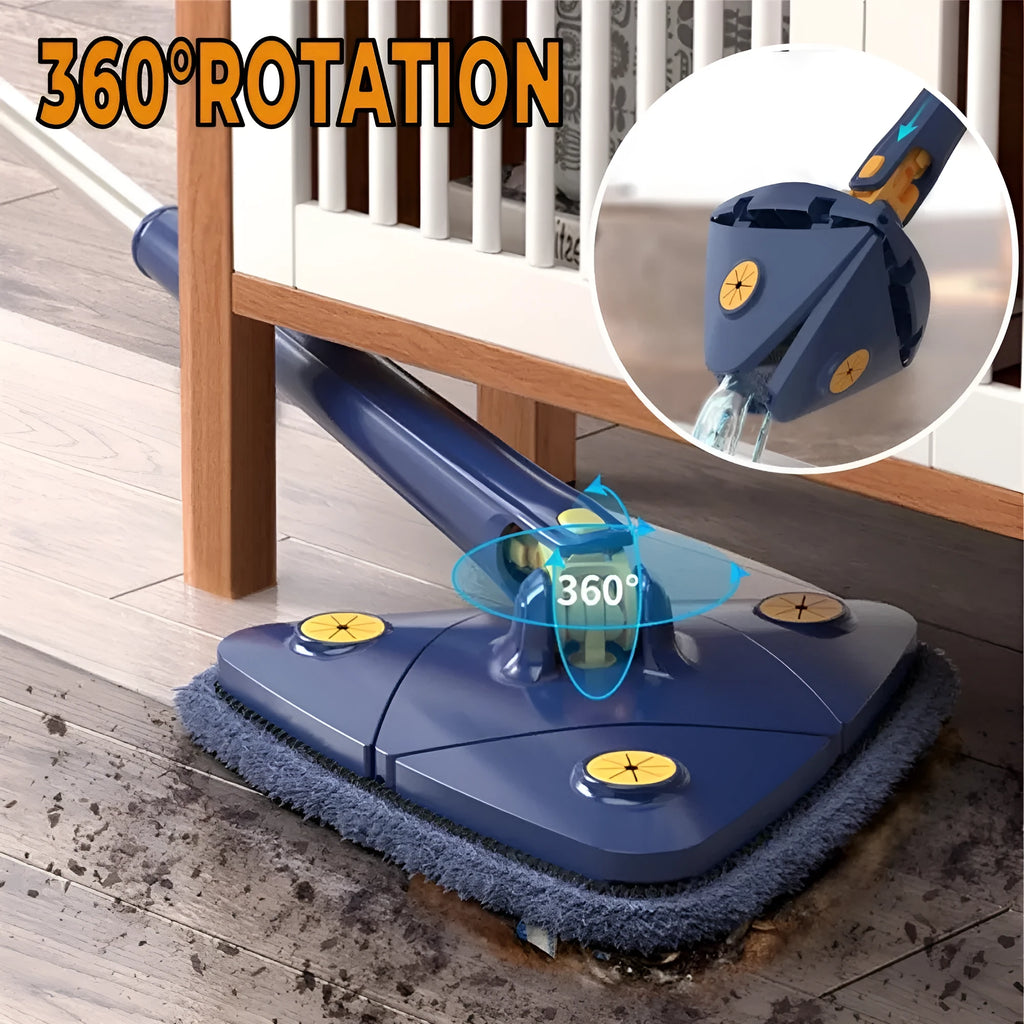 Blue extendable triangle mop with rotating head and microfibre cloth on a tiled floor.