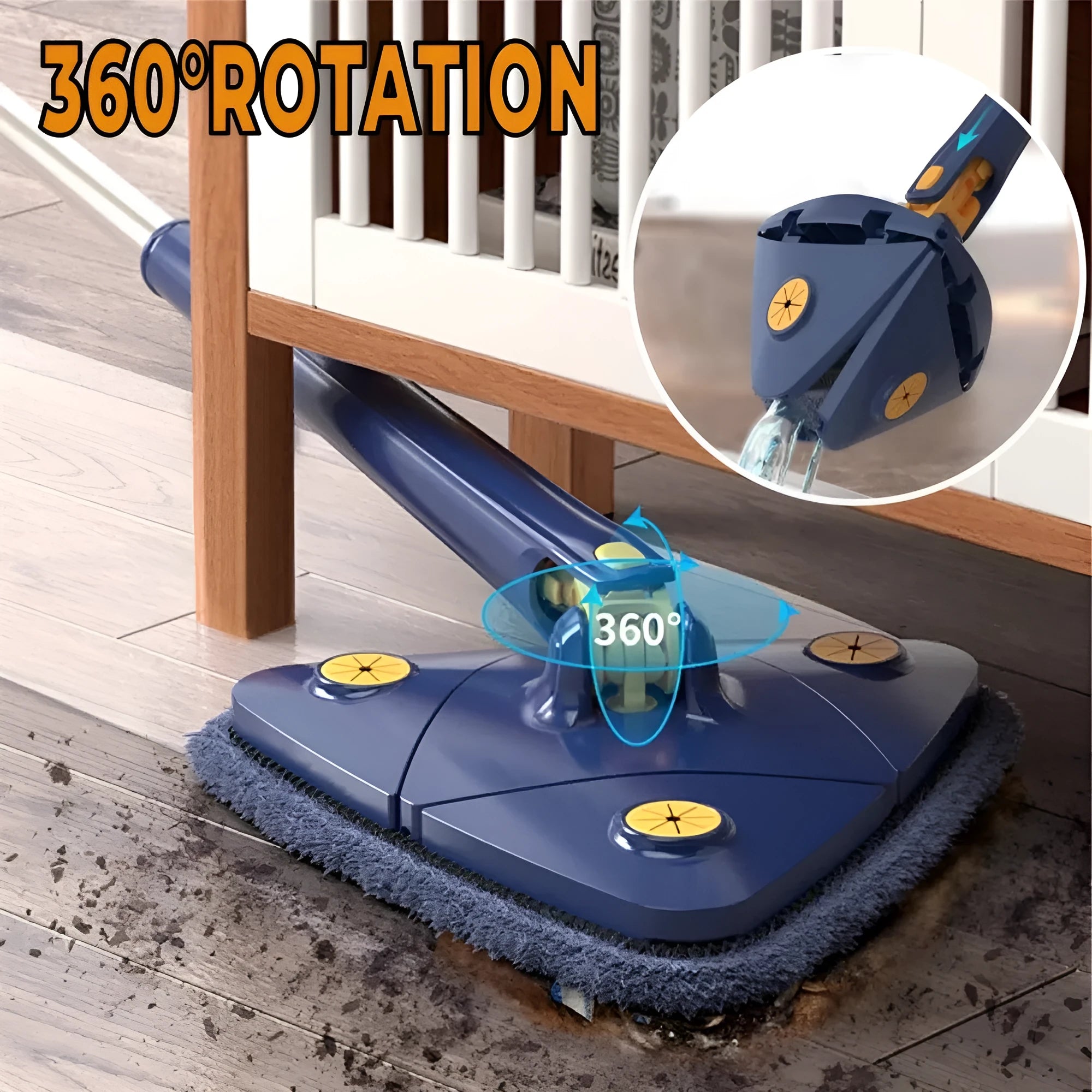 Blue extendable triangle mop with rotating head and microfibre cloth on a tiled floor.