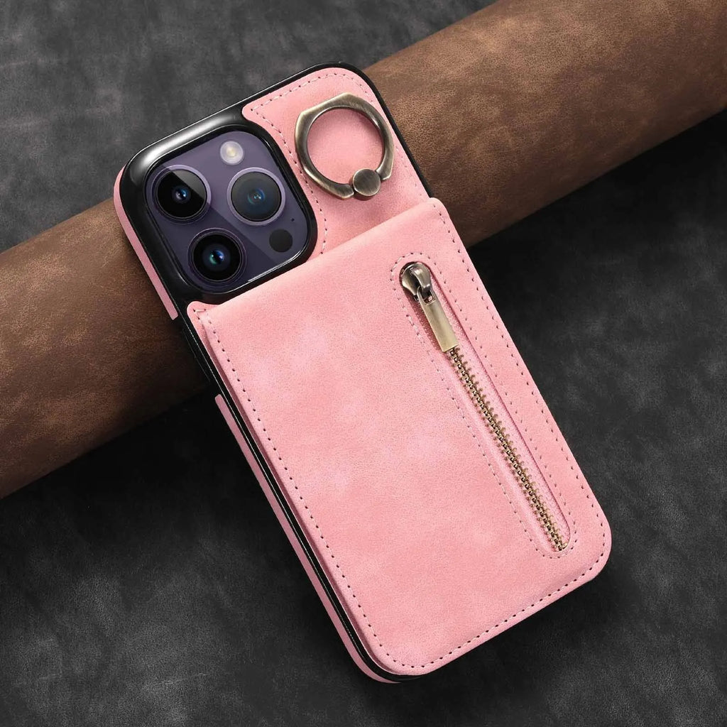 Vintage ring zipper card anti-theft swiping phone case in black, with bracket and lanyard, for iPhone