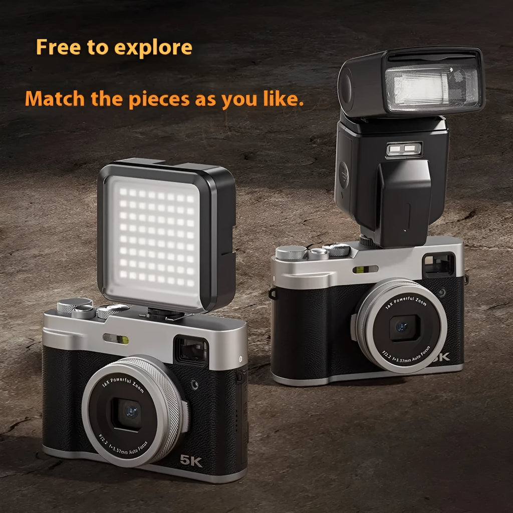 Black 5K HD digital camera with front and rear lenses, optical viewfinder, and a 2.88-inch screen on the back.