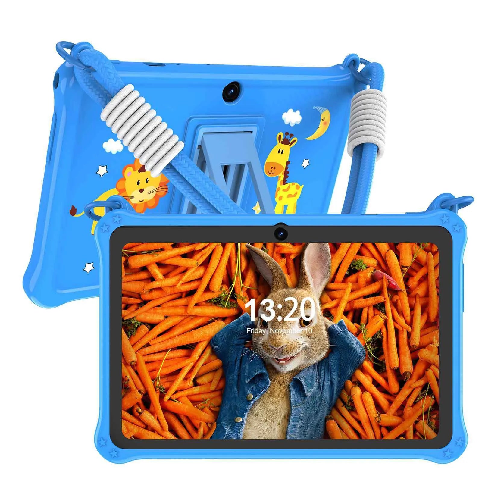 7-inch children's silicone protective tablet case with flat strap in sapphire blue and dark pink colours