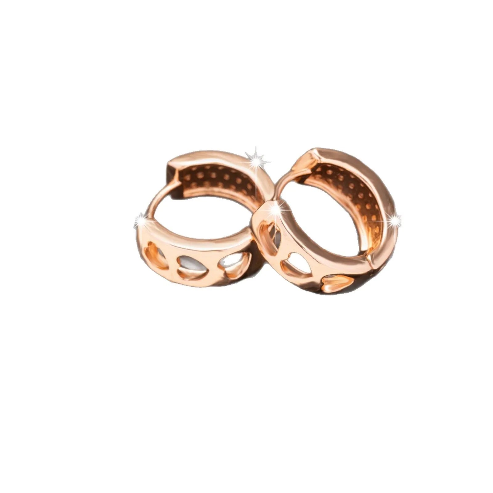 Rose gold circular women's earrings with a hollowed-out three-heart design.