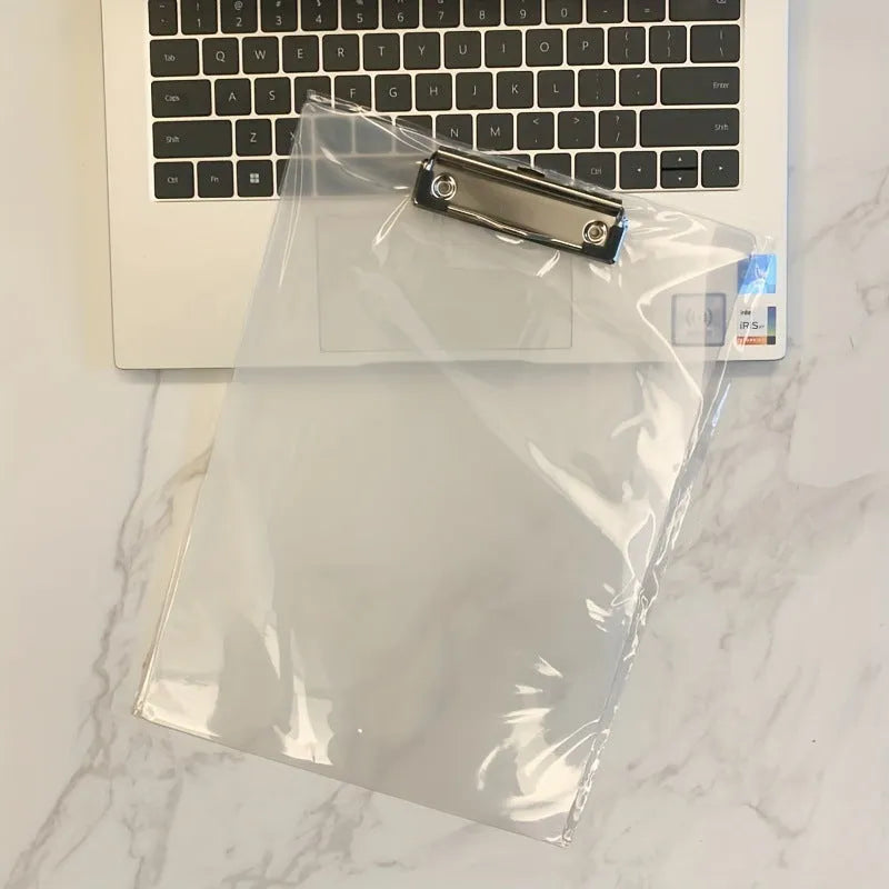 Transparent A4 writing board pad with metal clip holding documents, available in blue, green, red, and white colours