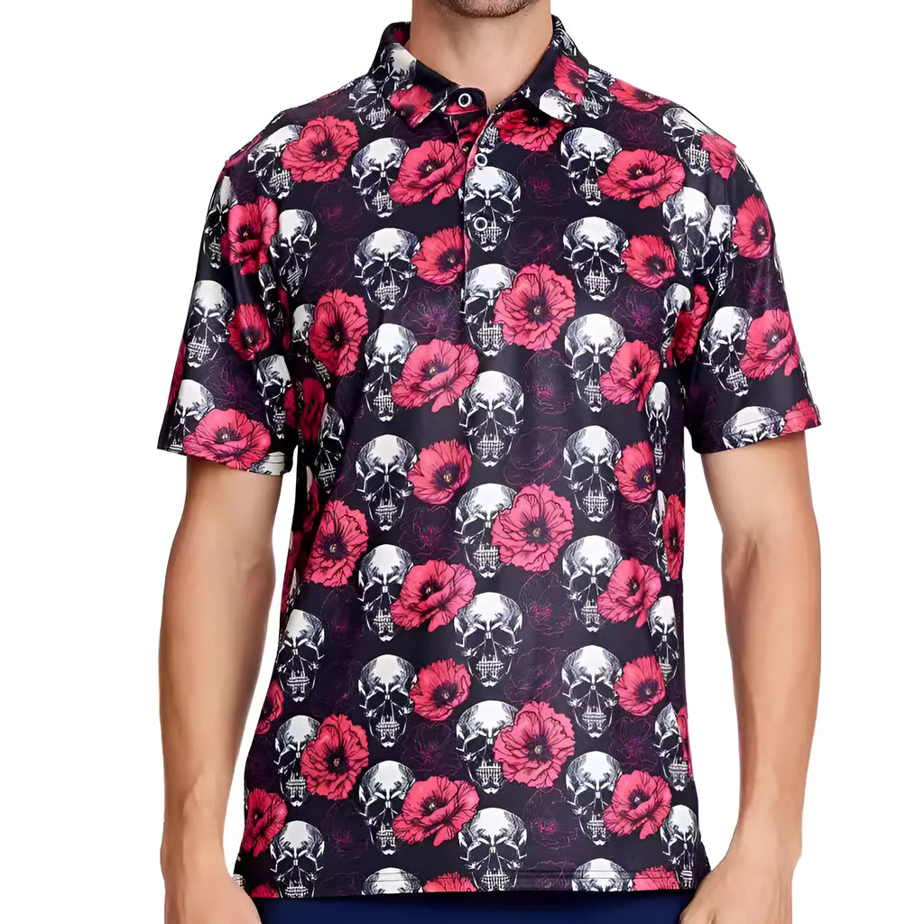 Man wearing a grey short sleeve T-shirt with a retro Japanese pattern and a decorative zipper on the chest.