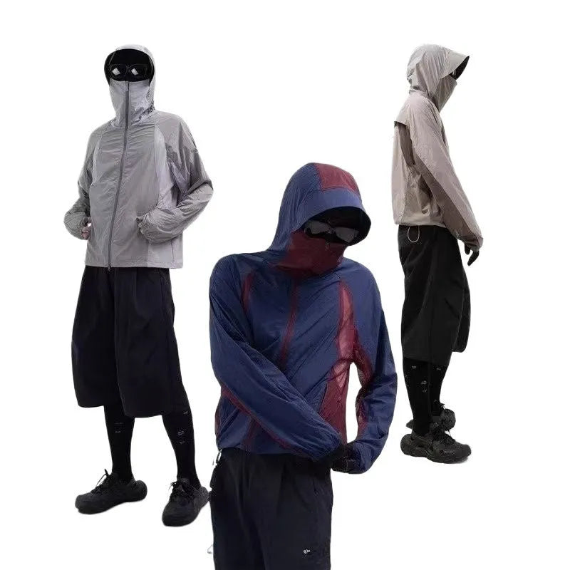 Nylon sun protective top with mesh stitching in desert brown, light grey, red and blue colours.