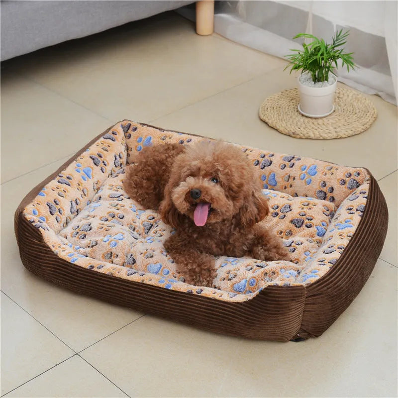 Beige soft plush dog bed with raised sides, shown in a medium size for a small dog.