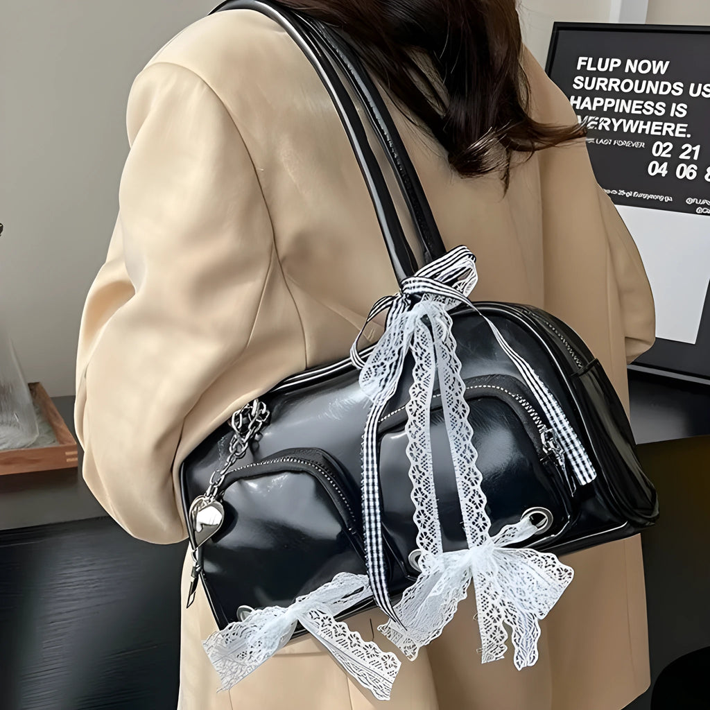 Soft PU leather shoulder bag in horizontal square design with double adjustable straps
