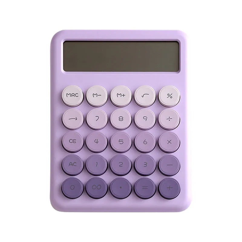 Gradient colour desk calculator in violet, cherry blossom pink, blue, or mint green on a desk.