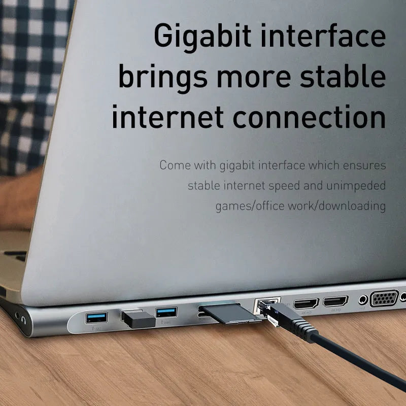 Ten-port aluminium alloy hub docking station with cooling bracket showing multiple connectivity ports