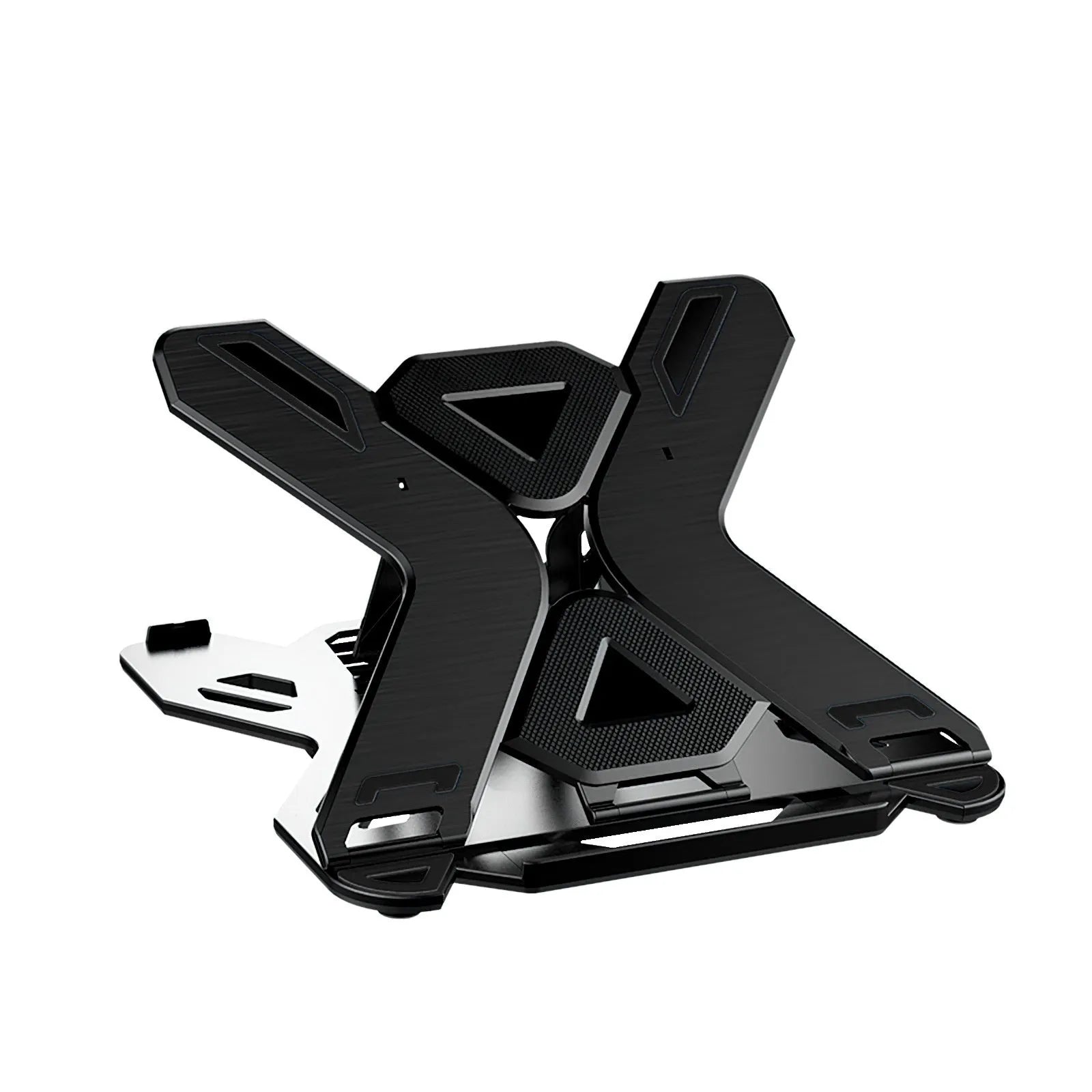 Black ABS plastic laptop cooling bracket with a raised, angled platform on a wooden desk.