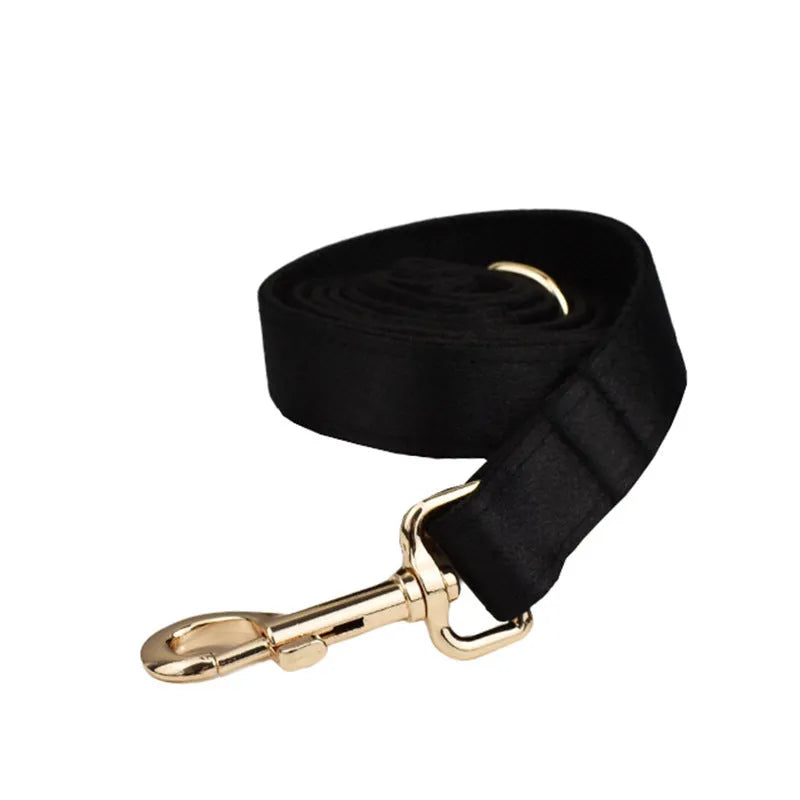 Complete dog accessory set showing collar, leash, bow and vest in cloth material