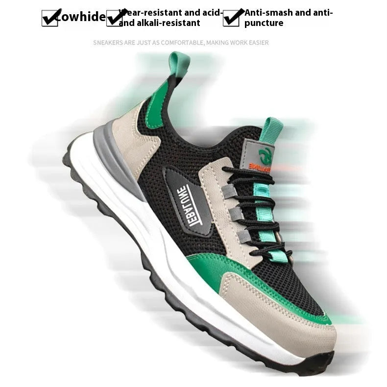 Black and green plastic steel toe safety shoes with mesh upper panels and TPU sole
