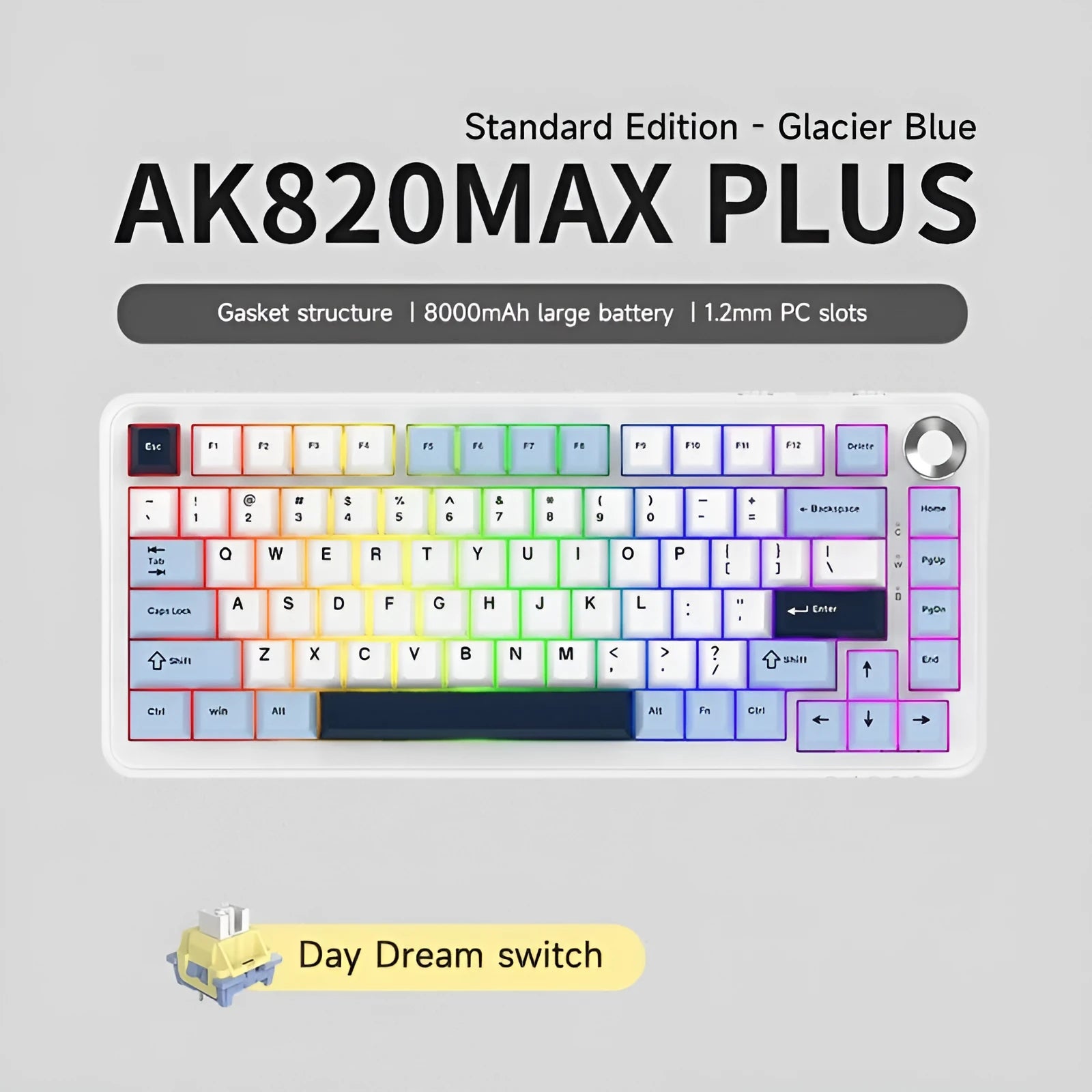 Three-mode mechanical keyboard with wireless hot plug in black, grey and yellow colour combination