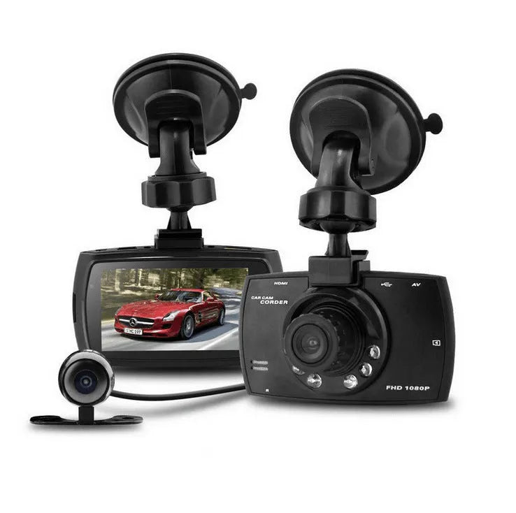 G30 HD dual camera car DVR system with screen, mounted bracket, and car charger.