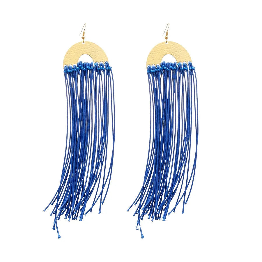 Geometric women's earrings with cloth construction and silver needle-blue resin flower accents