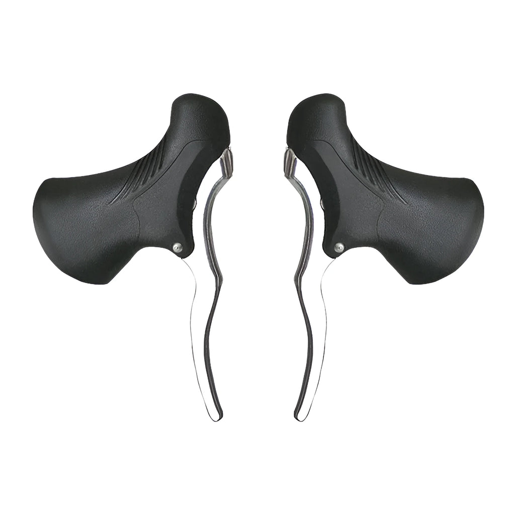A pair of aluminium alloy road bicycle brake handles in black and silver finish.