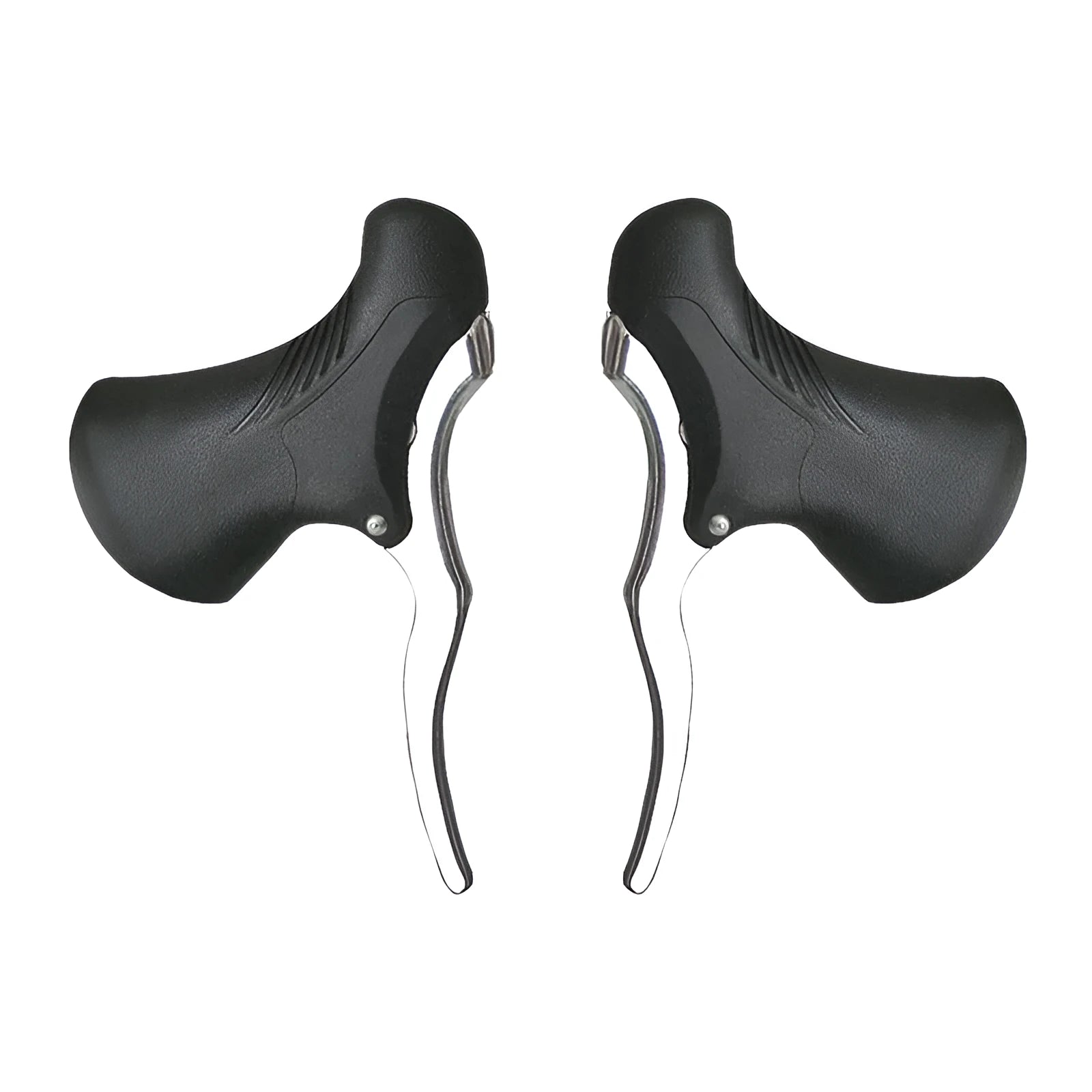 A pair of aluminium alloy road bicycle brake handles in black and silver finish.