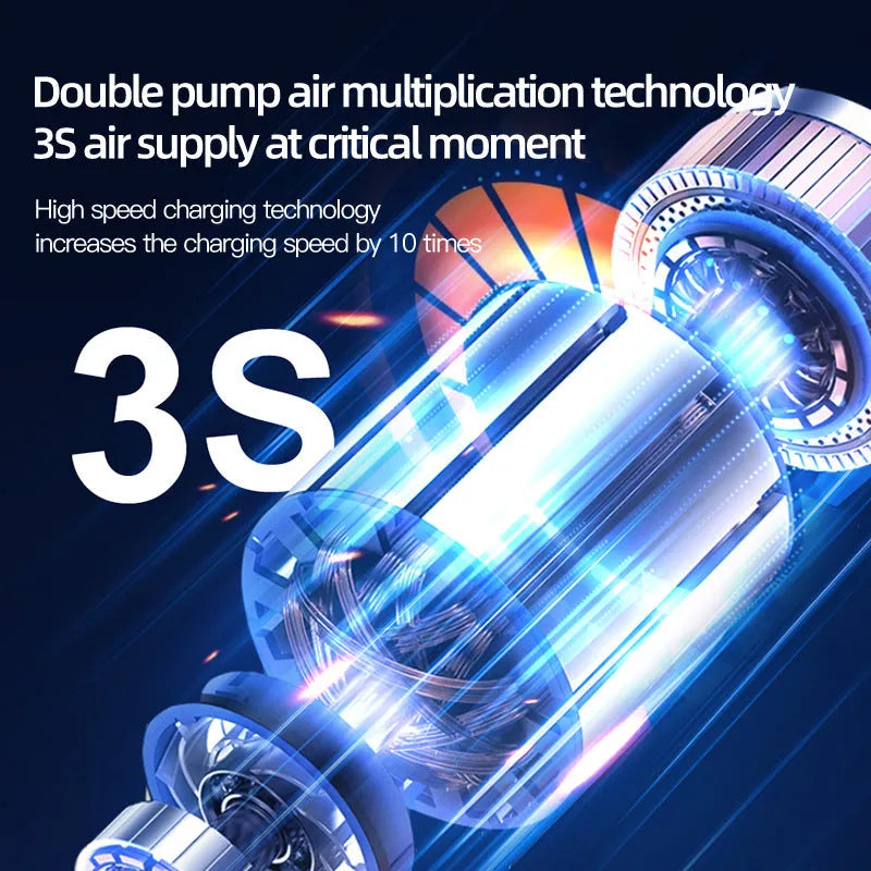 Wireless portable car air pump with LCD display, 6000mAh battery, and multiple nozzle attachments