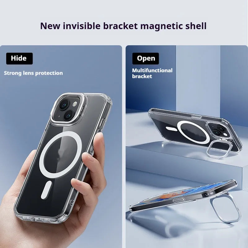 Transparent magnetic hard case with invisible kickstand for iPhone 15 Pro Max