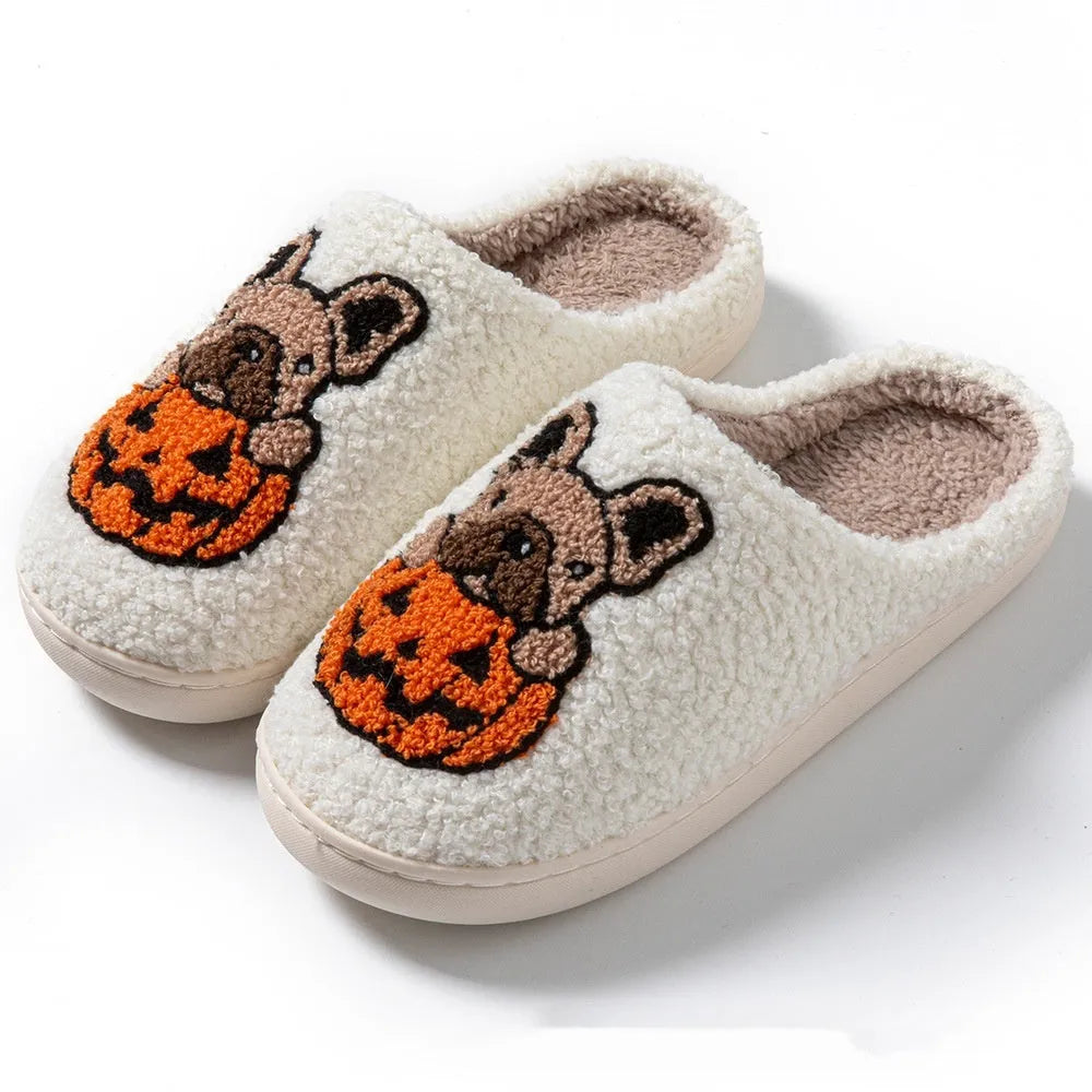 Halloween pumpkin slippers with TPR rubber soles in black or white colours for indoor outdoor wear