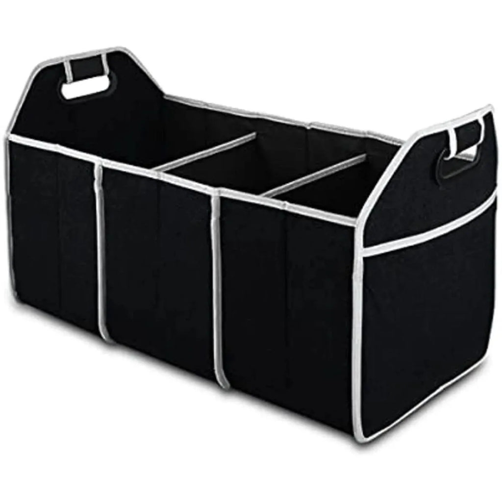 Black car multi-pocket trunk organiser with foldable lid and tie-down straps on car boot floor