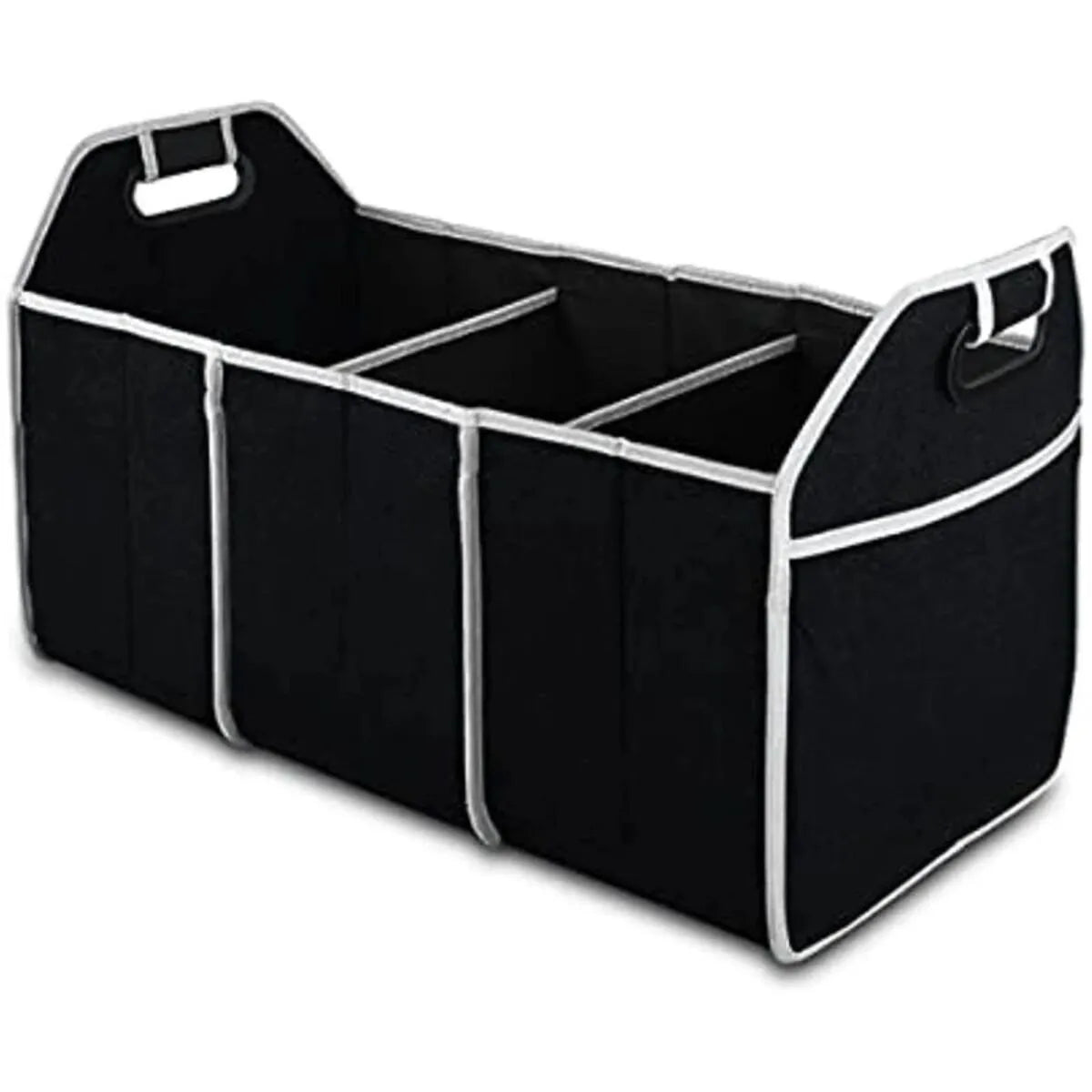 Black car multi-pocket trunk organiser with foldable lid and tie-down straps on car boot floor