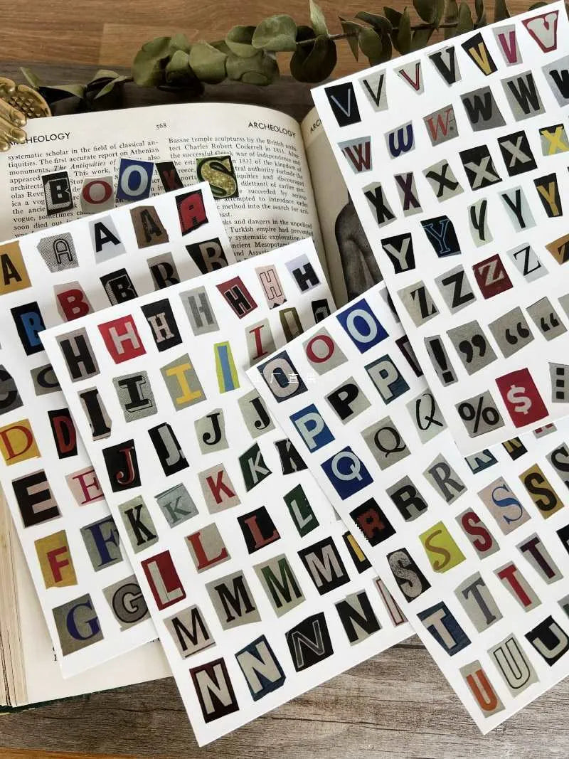 Decorative English letters and numbers sticker collection with weekday words for journaling and craft projects