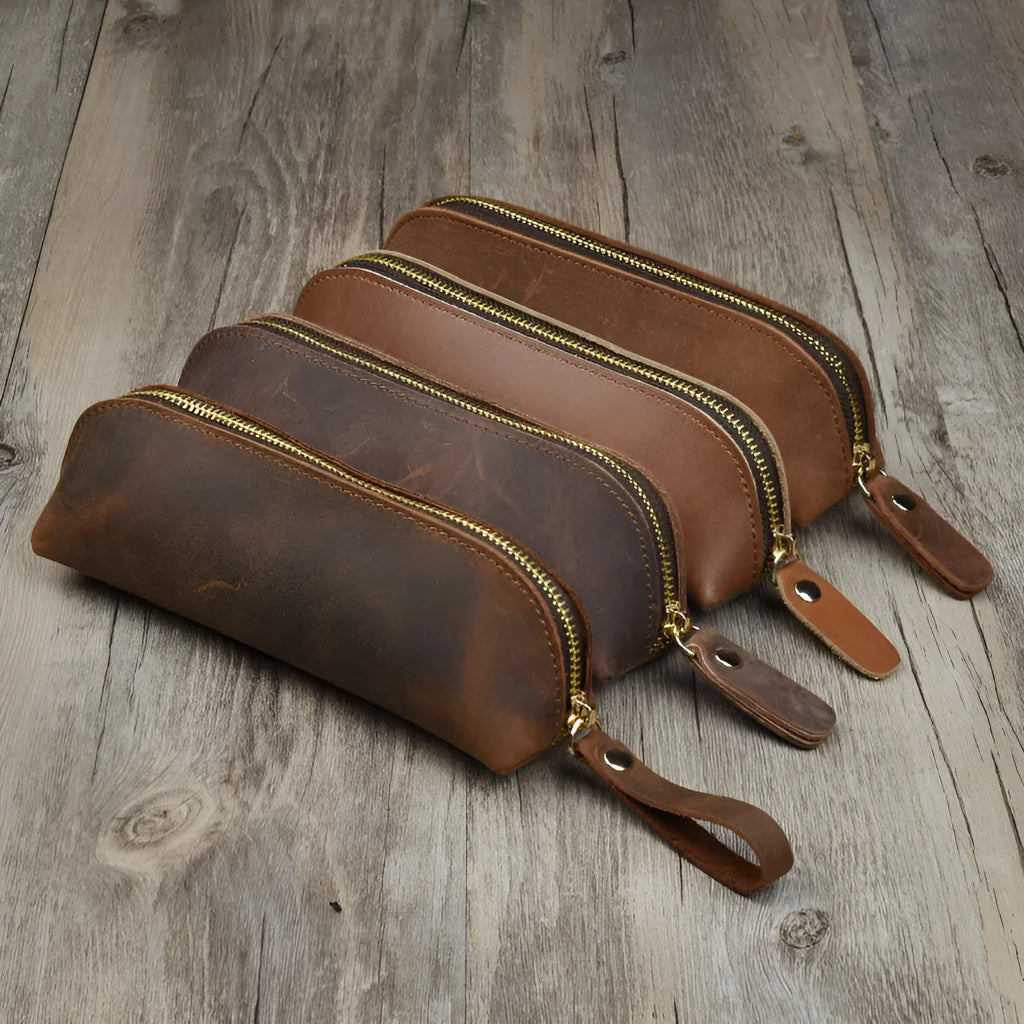 Square leather glasses and pen case with zipper closure in four colour options