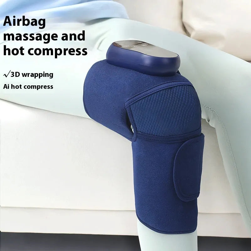 Airbag Blue self-heating knee massager showing wrap-around design for hot compress and massage therapy