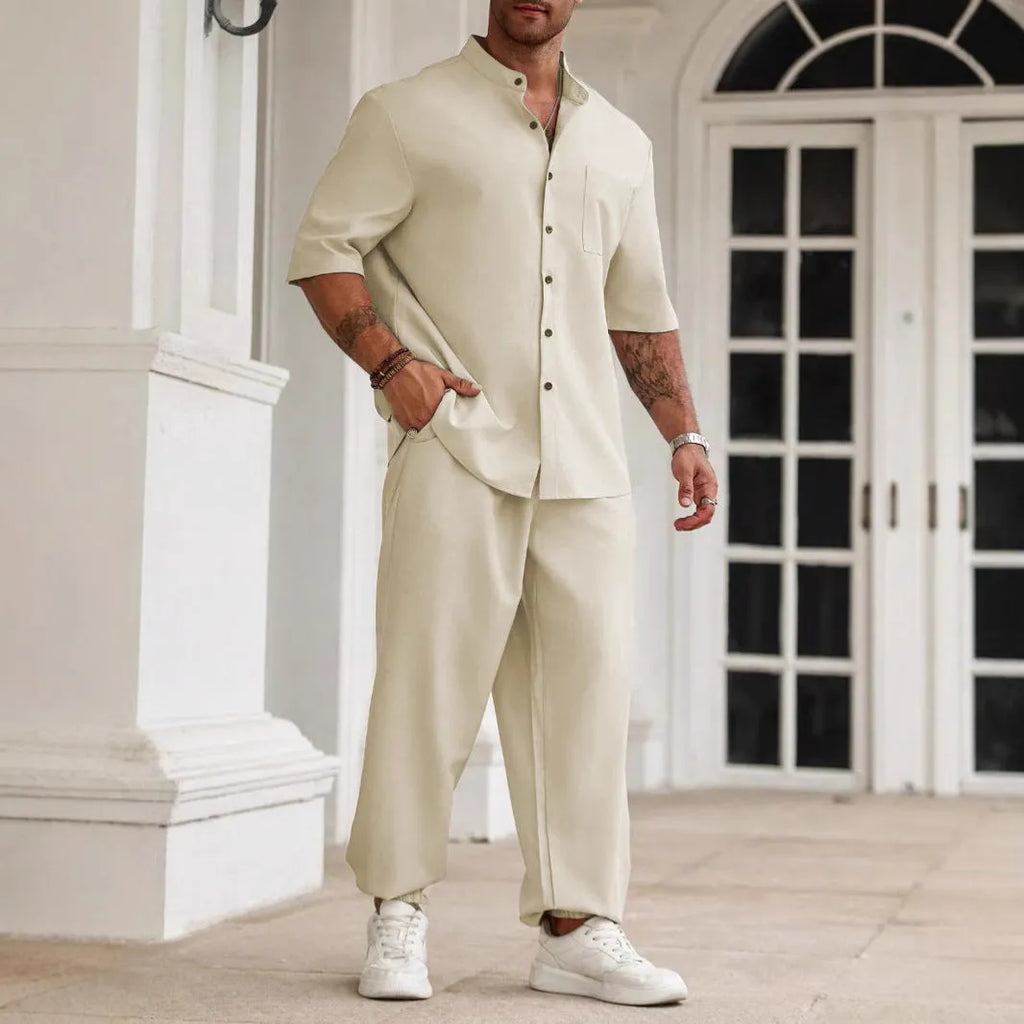 Men's casual apricot cotton linen short-sleeve shirt and trousers set laid flat.